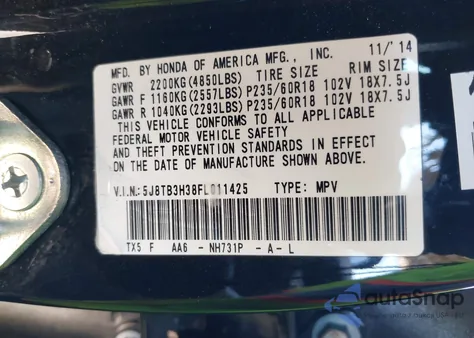 2015 Acura Rdx from USA, damaged, VIN 5J8TB3H38FL011425